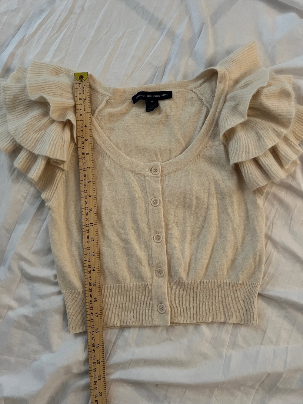 NWT French Connection Angora Rabbit Hair Ruffle Sleeve Cardigan Top S Cream - Picture 9 of 11